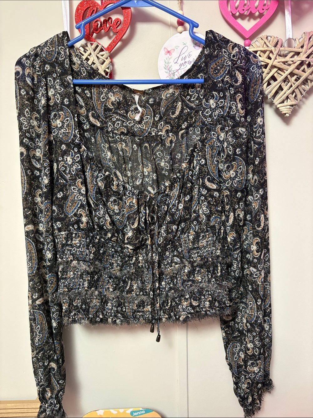 Free People Black Multi Paisley Smocked Waist Long-Sleeve Blouse